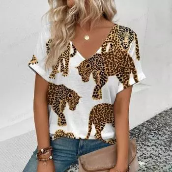 Сексуальная леопардовая 3D-принт футболка с V-образным вырезом женская мода топы футболки летняя футболка с коротким рукавом большого размера футболка с изображением животных женская одежда S