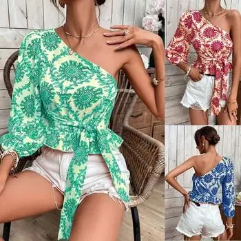 Сексуальная летняя женская мода с принтом на одно плечо, рукав-фонарик, оборка, подол, завязка на шнурок, топ-рубашка S красный