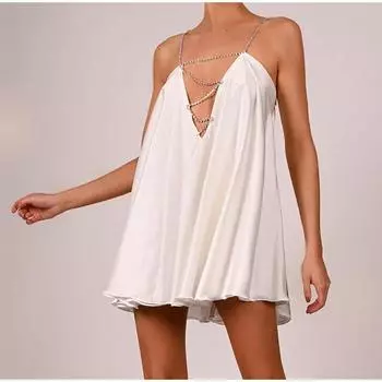 Сексуальная Личность Новая Тяжелый Металл Бриллиантовая Цепь Глубокий V Открытая Спина Платье Женское Платье на Бретелях Ночная Сорочка Вечеринка S белый