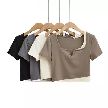 Сексуальная лоскутная футболка с v-образным вырезом, женская футболка Harajuku с коротким рукавом, повседневные майки, модный укороченный топ, женская летняя футболка, уличная одежда S бежевый