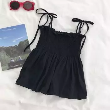 Сексуальная майка с бантом на бретельках, укороченные топы, женские летние складные майки с открытой спиной, Повседневная бандажная футболка, женский укороченный жилет без рукавов S чёрный
