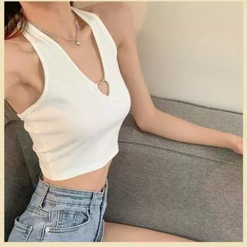 Сексуальная майка с металлическим сердечком и бретелькой через шею, укороченный топ для женщин, летняя майка с открытой спиной, майка-труба, женская повседневная футболка без рукавов, жилет F S серый