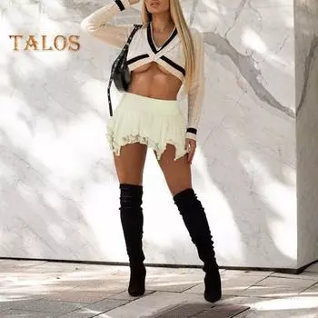 Сексуальная мини-юбка женская двухслойная кружевная отделка асимметричная короткая юбка с низкой талией и оборками неровный подол юбка M чёрный