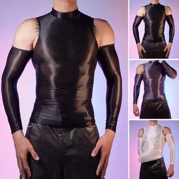 Сексуальная мужская глянцевая блестящая футболка, гладкий дышащий топ, высокоэластичный прозрачный прозрачный ночной клуб, обтягивающий
