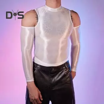 Сексуальная мужская глянцевая блестящая футболка, гладкий дышащий топ, высокоэластичный прозрачный прозрачный обтягивающий топ для ночного клуба