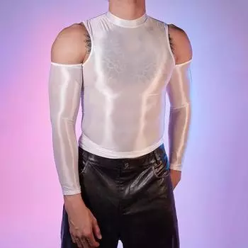 Сексуальная мужская глянцевая блестящая футболка, гладкий дышащий топ, высокоэластичный прозрачный прозрачный обтягивающий топ для ночного клуба