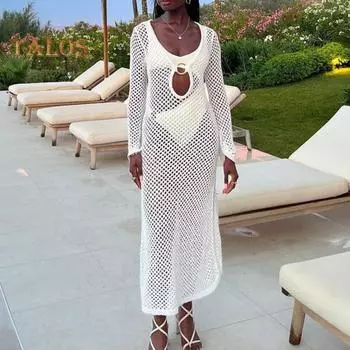 Сексуальная накидка на бикини с v-образным вырезом и уплотнительным кольцом, купальник с длинными рукавами, платье с прозрачным полым дизайном, пляжное платье, купальник, пляжное накидка S белый