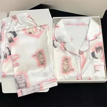 Сексуальная ночная одежда для женщин кардиган милый принт кота студенческая домашняя одежда пижама из двух частей женские длинные рукава длинные брюки пижамы для девочек M