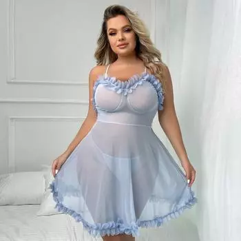 Сексуальная ночная рубашка Babydoll больших размеров - женское прозрачное нижнее белье со стрингами - соблазнительная ночная одежда для женщин с пышными формами 1XL
