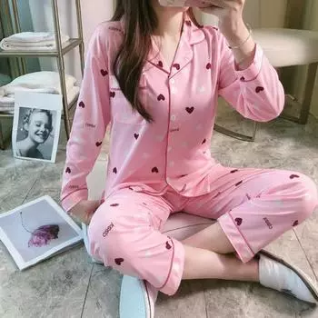 Сексуальная ночная рубашка для женщин с лацканами, кардиган для студентов, домашняя одежда из двух частей, с мультяшным принтом, длинные брюки с длинными рукавами, женская пижама M розовый