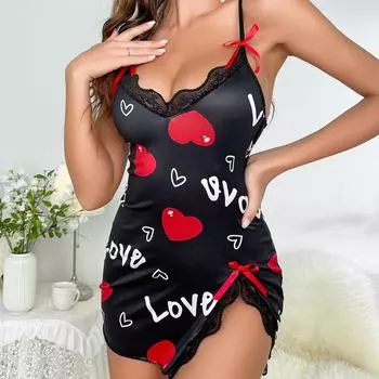 Сексуальная ночная рубашка-комбинация с цветочным принтом и сердечками, кружевная отделка, глубокий V-образный вырез, боковые разрезы, женские платья для сна S