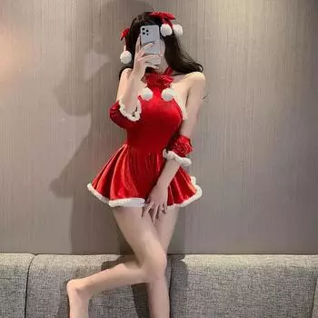Сексуальная ночная рубашка Лолиты для женщин, костюм Санты для косплея, симпатичное рождественское платье принцессы с открытой спиной, красное сексуальное нижнее белье с запахом, бюстгальтер на груди, платье One Size