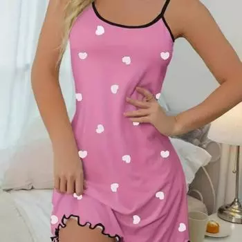 Сексуальная ночная рубашка на бретельках с V-образным вырезом, женская ночная рубашка, летняя свободная хлопковая ночная рубашка, женское милое платье для сна с принтом, легкая ночная одежда S розовый