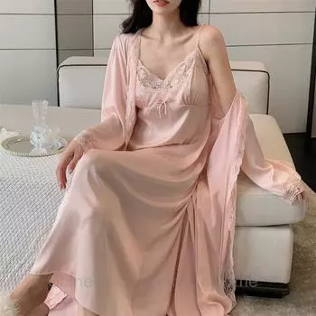 Сексуальная ночная рубашка на бретельках, комплект из 2 предметов, интимное нижнее белье, свадебный халат невесты, белый длинный халат, элегантный домашний халат, женское кружевное кимоно, банный халат M