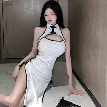 Сексуальная ночная рубашка с разрезом сбоку, полое сексуальное нижнее белье страсть утечка высокая лямка ципао соблазнение сексуальные взрослые товары женщины Default