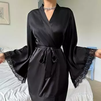 Сексуальная ночная рубашка средний халат сексуальная пижама женская с длинными рукавами женская атласная одежда S белый