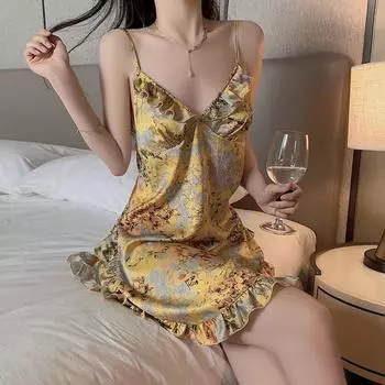 Сексуальная ночная рубашка женская атласная желтая ночная рубашка с глубоким V-образным вырезом и цветочным принтом с подкладкой для груди женская ночная рубашка на бретельках M жёлтый