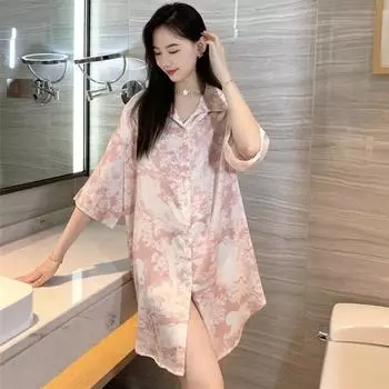 Сексуальная ночная рубашка женская кардиган юбка средней длины студенческая домашняя одежда свободные лацканы ночные рубашки можно носить на улице женские ночные рубашки M