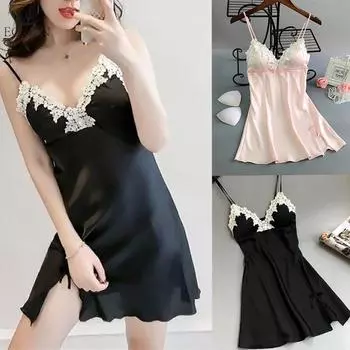 Сексуальная ночная рубашка женская кружевная тонкая ночная рубашка с подкладками на груди обтягивающая горячая ночная рубашка с подтяжками one size чёрный