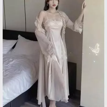 Сексуальная ночная рубашка, женская ночная рубашка, кружевная домашняя одежда, комплект из двух предметов L слоновая кость