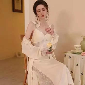 Сексуальная ночная рубашка, женский комплект из двух предметов, весна и лето, шелковый слинг, чистый стиль желания, пижама, длинная, домашняя одежда S бежевый