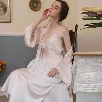 Сексуальная ночная рубашка, женский комплект из двух предметов, весна и осень, новый шелковый слинг, кружевная пижама средней длины, летняя домашняя одежда, костюм S