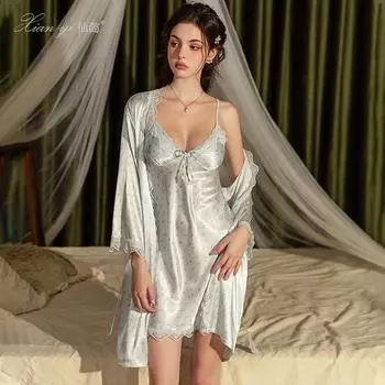 Сексуальная осенне-зимняя пижама с нагрудными подушечками, женская новая высококачественная тонкая юбка-подтяжка из ледяного шелка pure desire с цветочным узором M