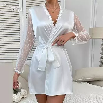 Сексуальная пижама атласная горошек сетка строчка перспектива ночная рубашка соблазн, женский кардиган халат S белый