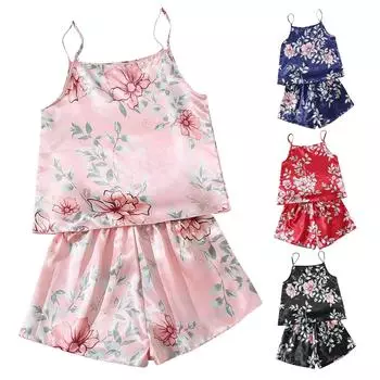 Сексуальная пижама для женщин, комплект ночного белья, камзол и шорты, повседневное лето L чёрный