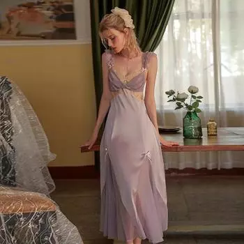 Сексуальная пижама для женщин, летнее платье, повседневная ночная рубашка из шелка и атласа на подтяжках на осень и зиму, ночная рубашка с глубоким V-образным вырезом для женщин M