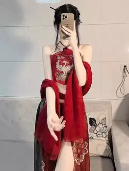 Сексуальная пижама ханьфу сексуальное нижнее белье подтяжки с карманом на животе антикварная униформа комплект чистое искушение обнажение женская одежда One Size