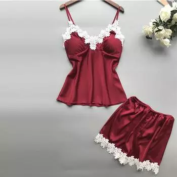 Сексуальная пижама из ледяного шелка с нагрудными вкладышами, кружевные шорты, пижама, комплект ночной рубашки, женская домашняя одежда S красный