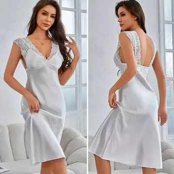 Сексуальная пижама на подтяжках, летняя шелковая атласная пижама, нижнее белье, кружевная ночная рубашка с открытой спиной, пижамы, домашняя одежда S белый