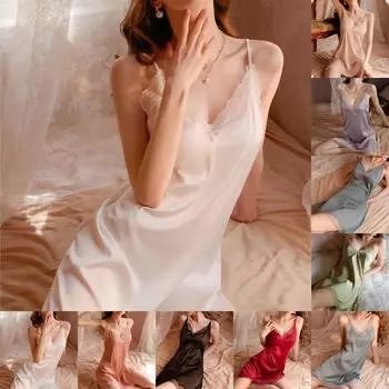 Сексуальная пижама с накладкой на грудь женская кружевная весенняя ночная рубашка с подтяжками летняя тонкая короткая юбка из ледяного шелка L чёрный