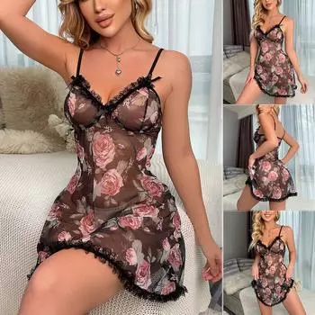 Сексуальная пижама с V-образным вырезом, ночная рубашка для женщин, ночная рубашка с черным кружевом, нижнее белье, мини-платье без рукавов, домашняя пижама S