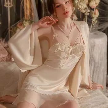 Сексуальная пижама женское нижнее белье осенняя атласная кружевная пижама с накладками на грудь модная повседневная ночная рубашка комплект для женщин M