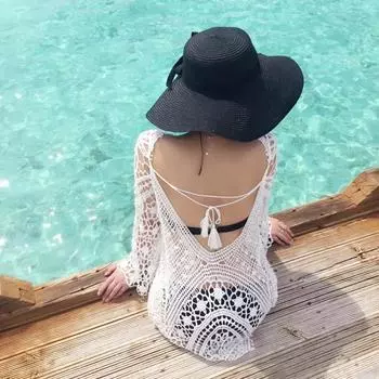 Сексуальная пляжная накидка с открытой спиной, вязаный крючком купальник, туники для пляжа, женская пляжная одежда, накидки