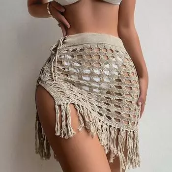 Сексуальная пляжная юбка с вырезом, женская однотонная эластичная трикотажная юбка с вырезом и поясом, летняя праздничная повседневная мини-юбка с разрезом и кисточками 25173 S чёрный