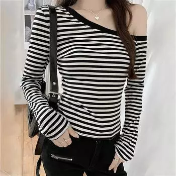 Сексуальная полосатая футболка Slim Fit с длинными рукавами и открытыми плечами L чёрный