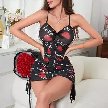 Сексуальная полупрозрачная сетчатая пряжа с принтом в виде букв «любовь» тонкая ночная рубашка с подвязками для женщин S