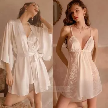 Сексуальная прозрачная кружевная ночная рубашка на подтяжках, комплект из двух предметов, женский тонкий атласный банный халат, пижама, летняя домашняя одежда M