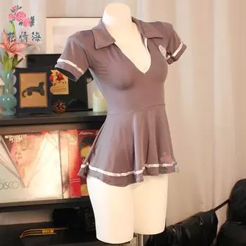 Сексуальная японская школьница глубокое V перспектива кролика бесплатное искушение серое цельное платье One size