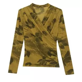 Сексуальная рубашка с V-образным вырезом и перекрестной базой для женщин, зимняя модная футболка с длинными рукавами и принтом, облегающий сетчатый топ для похудения S