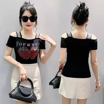 Сексуальная сетчатая футболка с открытыми плечами и V-образным вырезом для женщин, летняя одежда с короткими рукавами, топ с рукавами в виде листьев лотоса, тонкая рубашка M чёрный