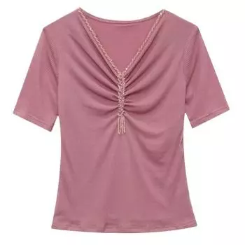 Сексуальная сетчатая футболка с V-образным вырезом для женщин, летний дизайн, короткий рукав, топ с бисером, модная и универсальная футболка с коротким рукавом, маленькая рубашка S розовый