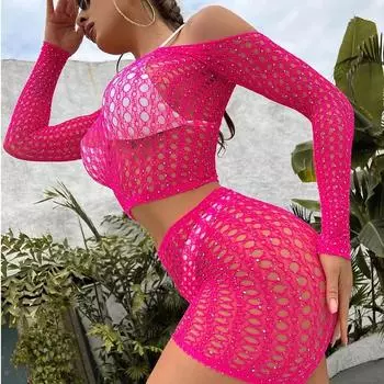 Сексуальная сетчатая женская одежда, топ, платье, костюм из двух частей, бриллианты, боди, чулки, кристаллы, нижнее белье One Size
