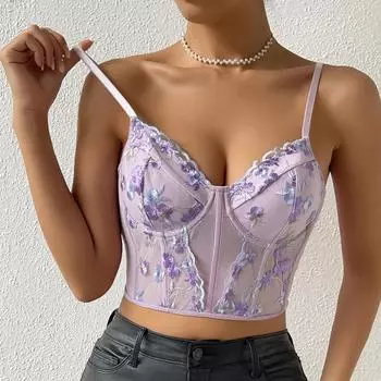 Сексуальная сетка с цветочной вышивкой Стальное кольцо Fishbone Тонкий корсет Камзол XS
