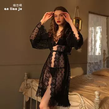 Сексуальная сексуальная ночная рубашка в горошек большого размера из чистого кружева, перспектива соблазна, пижама с тремя точками S