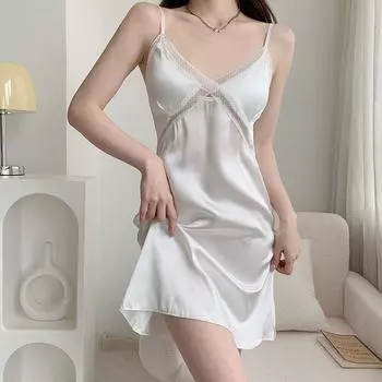 Сексуальная шелковая пижама женская кружевная подтяжка ночное платье с подтяжками на груди домашняя одежда L белый