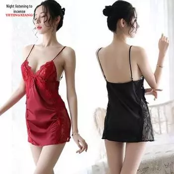 Сексуальная соблазнительная кружевная ночная рубашка из ледяного шелка - эротическое нижнее белье с открытой спиной для женщин One Size чёрный